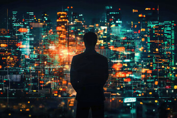 A silhouetted figure observes a futuristic cityscape overlaid with digital data streams, symbolizing technological advancements and urban development.
