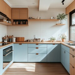 Modern well equipped kitchen featuring wood and light blue cabinetry