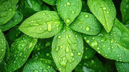 Close-up of fresh green leaves with water droplets