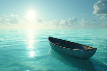 Naklejka premium A lone wooden rowboat floats serenely on a calm, turquoise sea under a bright sun.
