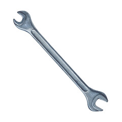 A hand-drawn watercolor wrench. Illustration of a steel construction tool for mechanical home improvement repairs. Clipart.