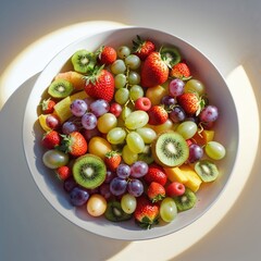 Fresh fruit assortment with strawberries, kiwis, grapes, and other seasonal fruits arranged in a white bowl under natural light
