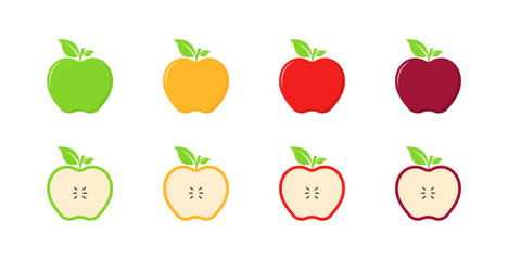 Flat vector icons set of colorful apples in various styles.