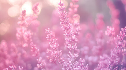 Naklejka premium Dreamy pink lavender field with soft pastel bokeh lighting