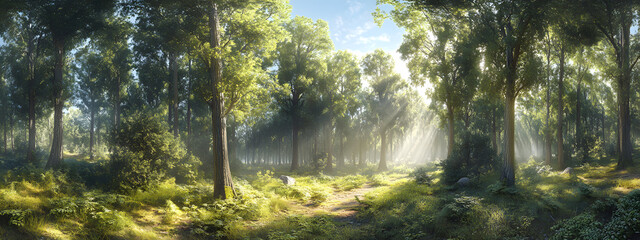 Obraz premium Beautiful forest with tall trees and sunlight shining through the foliage, creating an enchanting natural landscape 