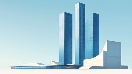 Modern city skyline, architectural rendering, clear sky, urban development, design concept