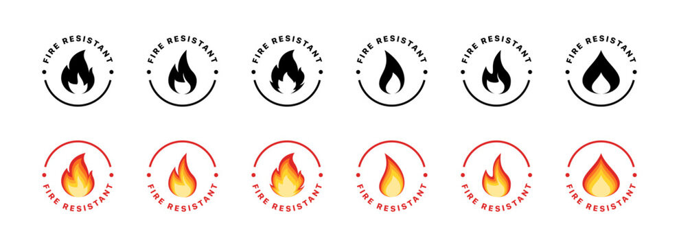 Flat icon set of fire resistant symbols - vector design with flames and circular shapes.