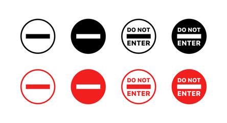 Flat do not enter icons set – circular warning vector symbols in black and red.