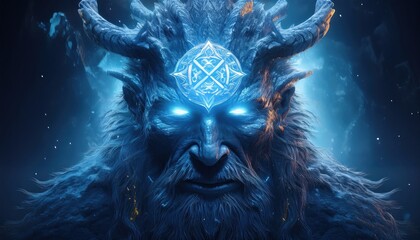 A powerful ice guardian emerges from a shimmering magical landscape illuminated by glowing colors.