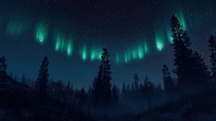 Naklejka premium Northern Lights over a winter forest at night