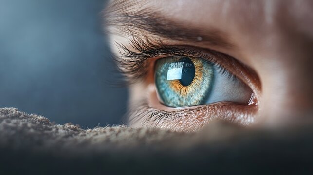 A close-up view of a stunning blue and brown eye reveals depth and emotion, symbolizing the human experience and the intense connection between sight and inner feelings of introspection.