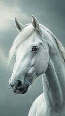 Obraz premium Majestic white horse standing proudly against a soft, cloudy backdrop in natural light