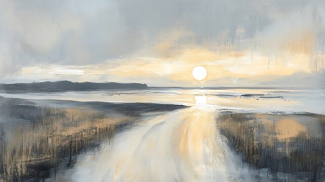 A beautiful landscape painting of a sunset over the ocean