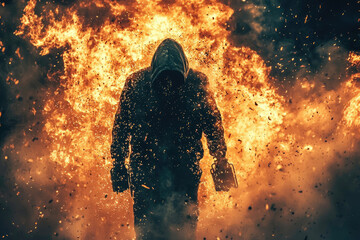 A hooded figure walks through a fiery inferno, engulfed in flames and sparks.