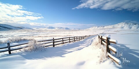 Snow-covered Field with Wooden Fence