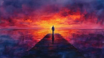 Fototapeta premium Solitary figure walks pier, vibrant sunset ocean.