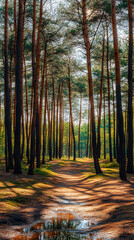 Obraz premium Beautiful forest with tall trees and sunlight shining through the foliage, creating an enchanting natural landscape 