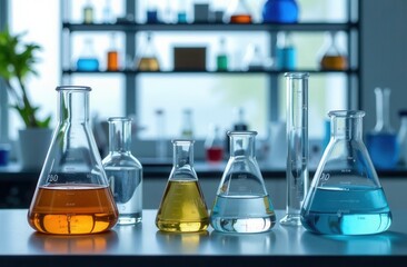 Laboratory glassware with colorful liquids in scientific research setting