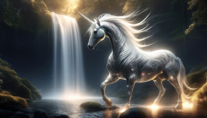 Fototapeta premium A shining unicorn with a flowing mane walks gracefully by a sparkling waterfall and old trees.
