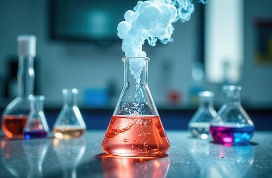 Chemistry experiment in laboratory with colorful reactants and smoke