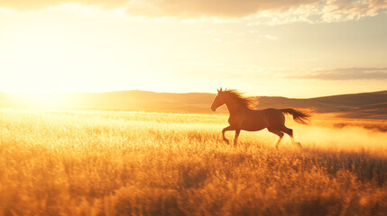 Majestic horse running in sunset-lit field capturing nature's freedom and beauty