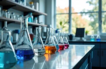 Laboratory flasks with colorful liquids on counter in bright scientific research lab