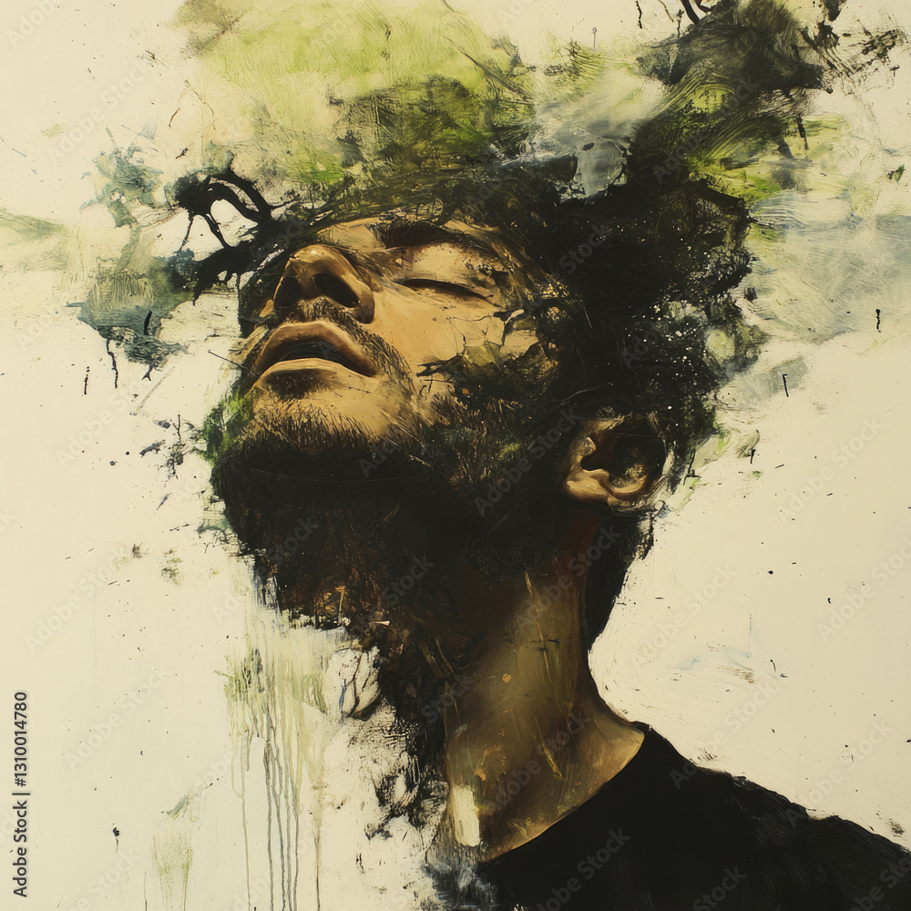 Aufkleber abstract portrait of a man, his head dissolving into a vibrant explosion of colors and textures.