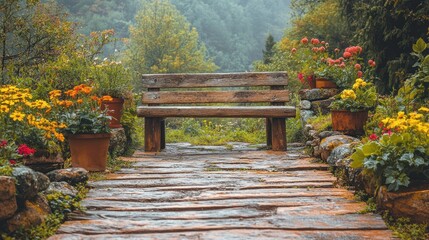 Obraz premium Wooden bench in a colorful garden path