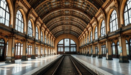 Historic train station interior urban setting architectural photography bright and spacious perspective view heritage concept