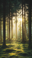 Fototapeta premium Beautiful forest with tall trees and sunlight shining through the foliage, creating an enchanting natural landscape 