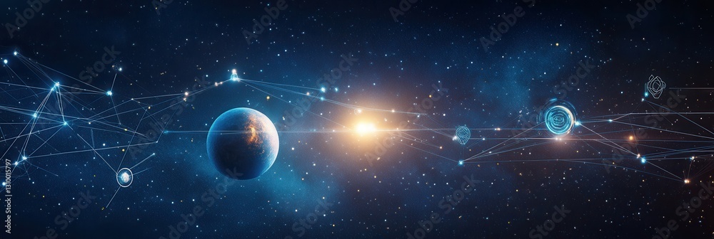Poster dreamy cosmic landscape featuring planets and symbols interconnected by glowing lines in a vibrant b