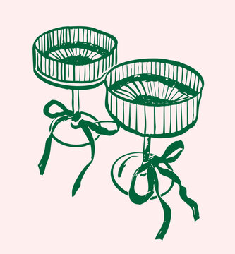 A set of hand drawn vintage drink glasses with tied bows,  Minimal line art champagne coupe glass illustration, Cocktail glass outline doodle drawing for party invitations, posters and web design