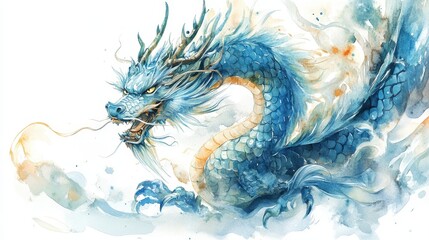 Vibrant blue and white watercolor dragon with intricate patterns on its scales. Intricate details adorn its majestic head, creating a mesmerizing texture in every stroke