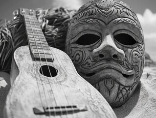 Fototapeta premium Beach scene with mask and ukulele