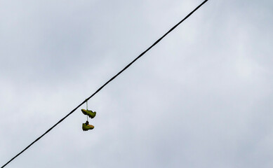 Shot of the pair of sports shoes hanging on the power line. Concept