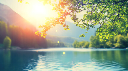 Serene lake view with sunlight through green foliage