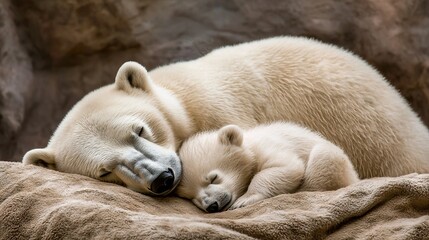 Obraz premium A baby polar bear snuggles with an adult on a blanket on a rock