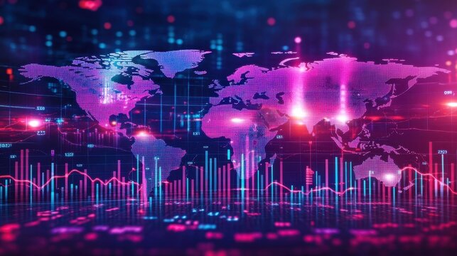 Global Market Analysis: A Digital World Map and Stock Data Visualization in Vibrant Neon