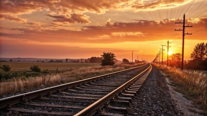 Fototapeta premium Scenic railway tracks leading into a vibrant sunset landscape
