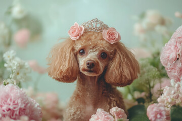Adorable brown poodle wearing a sparkling crown surrounded by pink and white flowers, embodying elegance and charm in a floral setting.