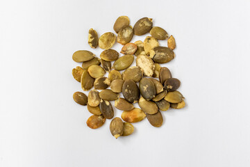 Close up shot of peeled pumpkin seeds. Food