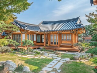 Naklejka premium A beautiful traditional wooden house in a well maintained garden