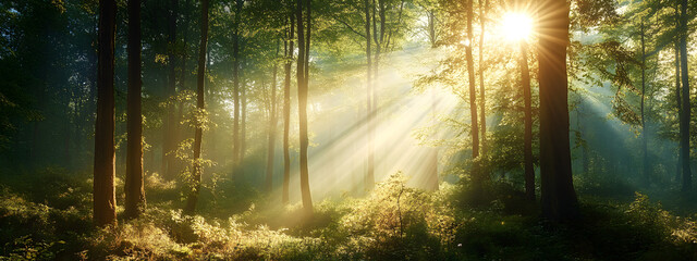 Obraz premium Beautiful forest with tall trees and sunlight shining through the foliage, creating an enchanting natural landscape 
