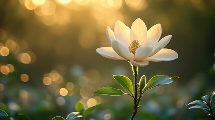 Golden sunlight illuminates single white magnolia bloom.