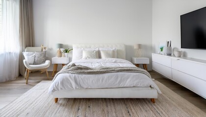 Minimalist White Bed Mockup in Modern Interior Space, Illuminating Sophistication and Serenity with Clean Lines and Cool Textures, Perfect for Digital Art, Home Decor, or Design Inspiration.