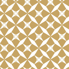 Abstract geometric pattern with squares, crosses, stripes, lines. Seamless vector background. White and gold ornament. Modern reticulated graphic design.