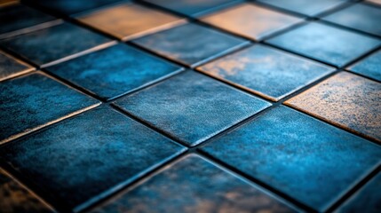 Blue-bronze tile floor, interior design, close-up, angled view