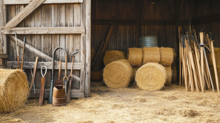 Rustic barn interior with hay bales and farming tools