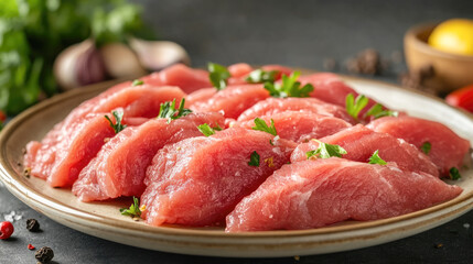 Fresh raw slices of red meat garnished with parsley and vegetables on a ceramic plate