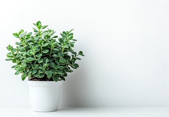 Obraz premium Lush green potted plant with vibrant leaves against a minimalistic white background, perfect for home decor and indoor gardening themes